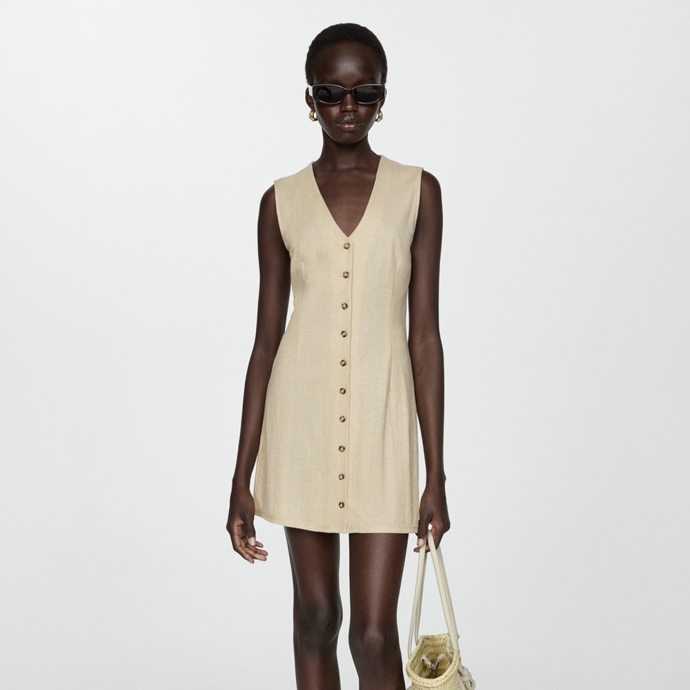 Mango Beige Button-Front Mini Dress